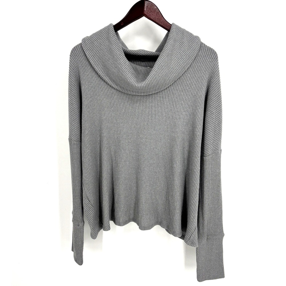 Lucky Brand Size Large Cowl Neck Ribbed Sweater Knit Top Gray Crossover Back NEW